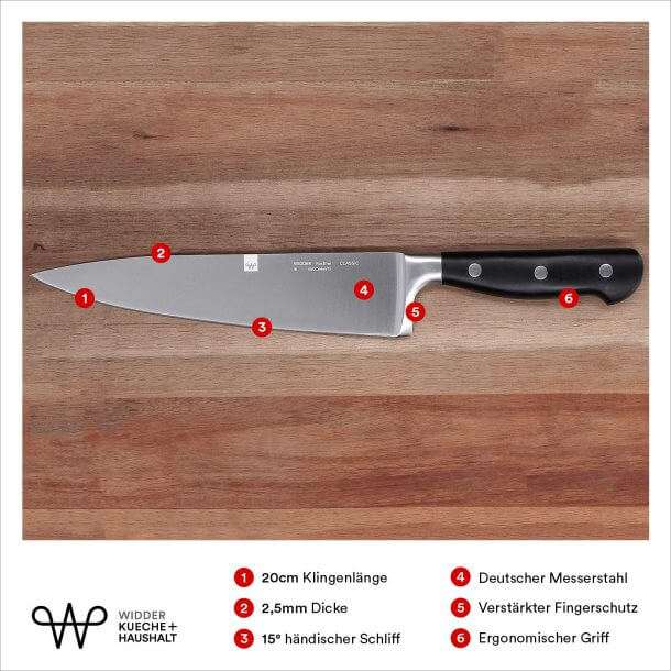 Das Produktbild mit den wichtigen Hinweisen zum Messer